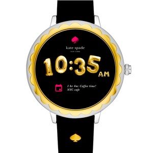 Kate Spade Scollop touchscreen smartwatch gold, silver with black silicone band.